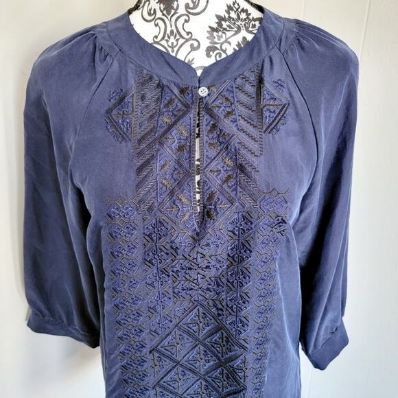 Theory Embroidered Silk Half Sleeve Blouse - Picture 2 of 5
